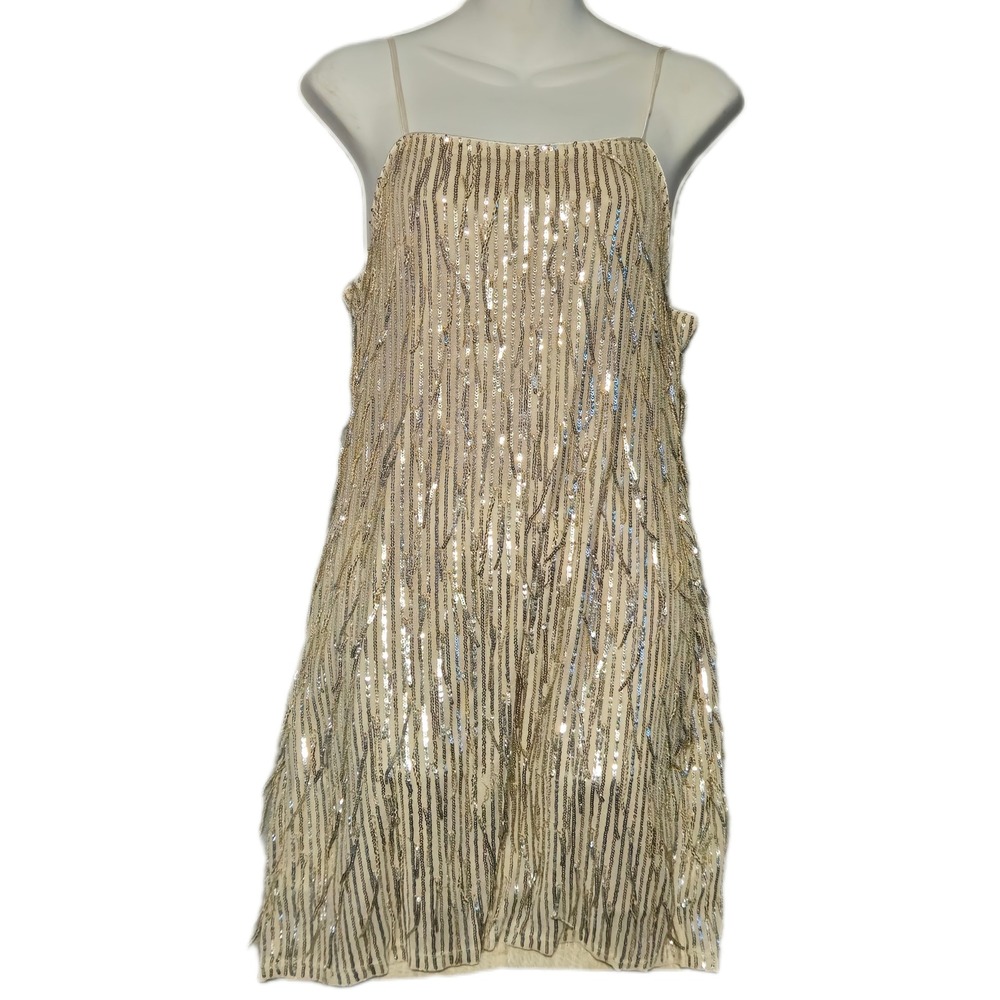 Mi Ami Sequin Fringe Mini Dress Womens L Beige Gold Silver Sparkle 25W819BTSD